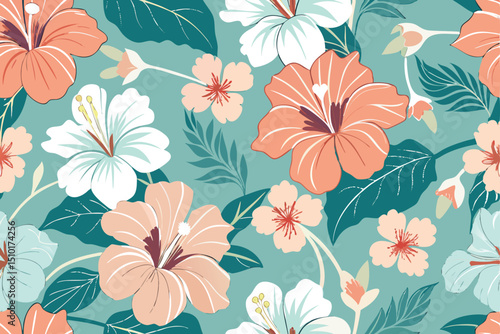 Beautiful vector seamless floral pattern with hand drawn hibiscus flowers and tropical foliage on a turquoise background