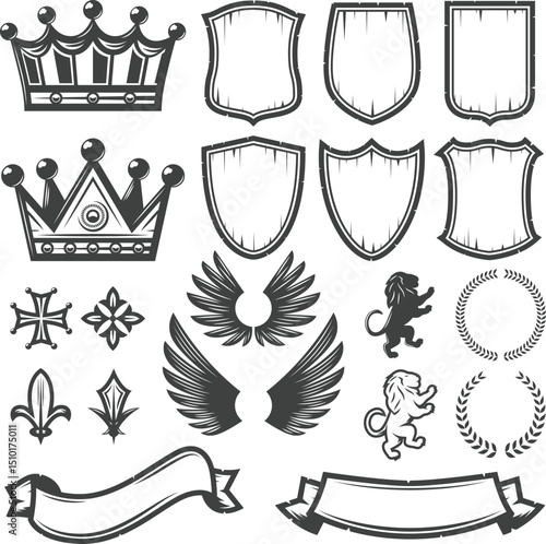 Heraldic shield vector emblem set with crown frame illustration design and vintage symbol sign crest banner decoration wreath arms insignia icon heraldry label laurel ribbon coat of arms element royal