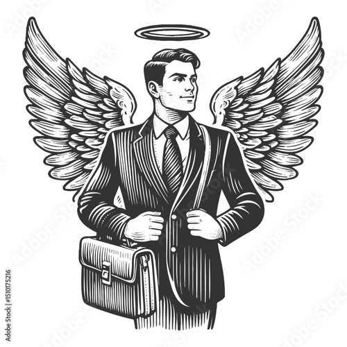businessman angel with wings and halo moral leadership in business sketch engraving generative ai fictional character vector illustration. Scratch board imitation. Black and white image.