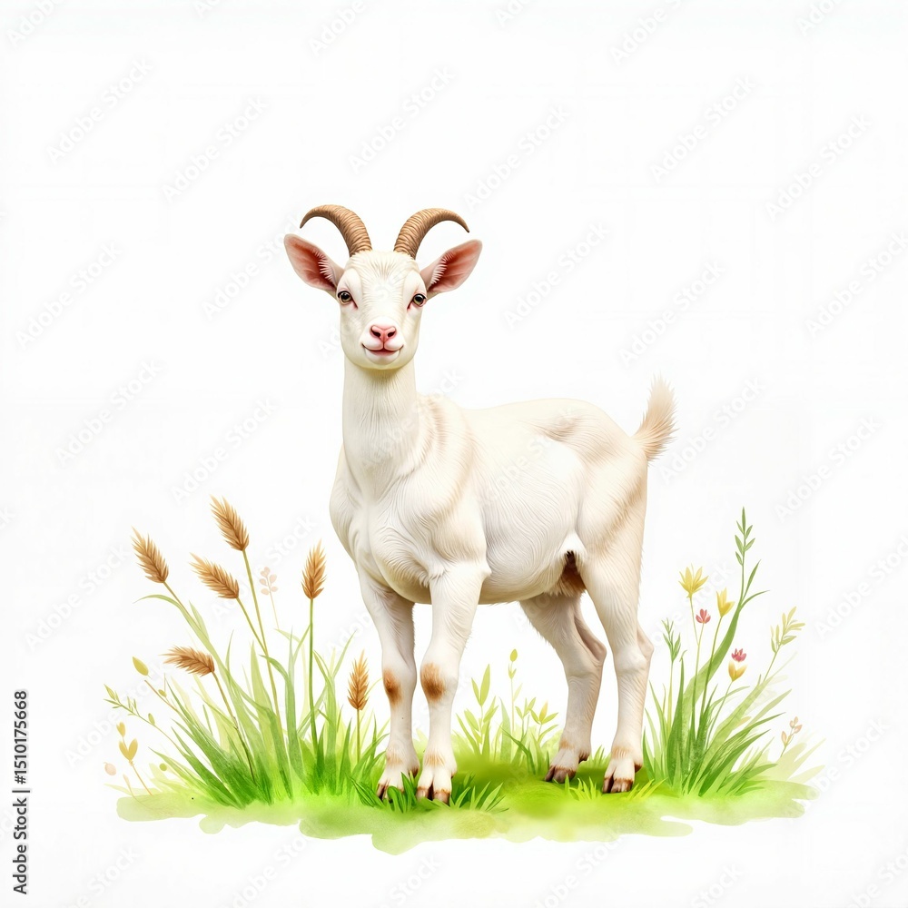 White goat standing confidently in lush grass with flowers and copy space on a white background White goat standing confidently in lush grass with flowers and copy space on a white background