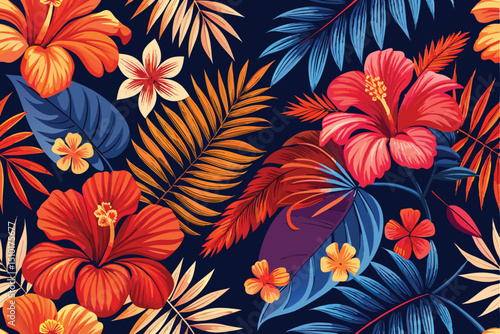 Vibrant tropical floral pattern featuring hibiscus flowers and palm leaves in a rich and saturated color palette