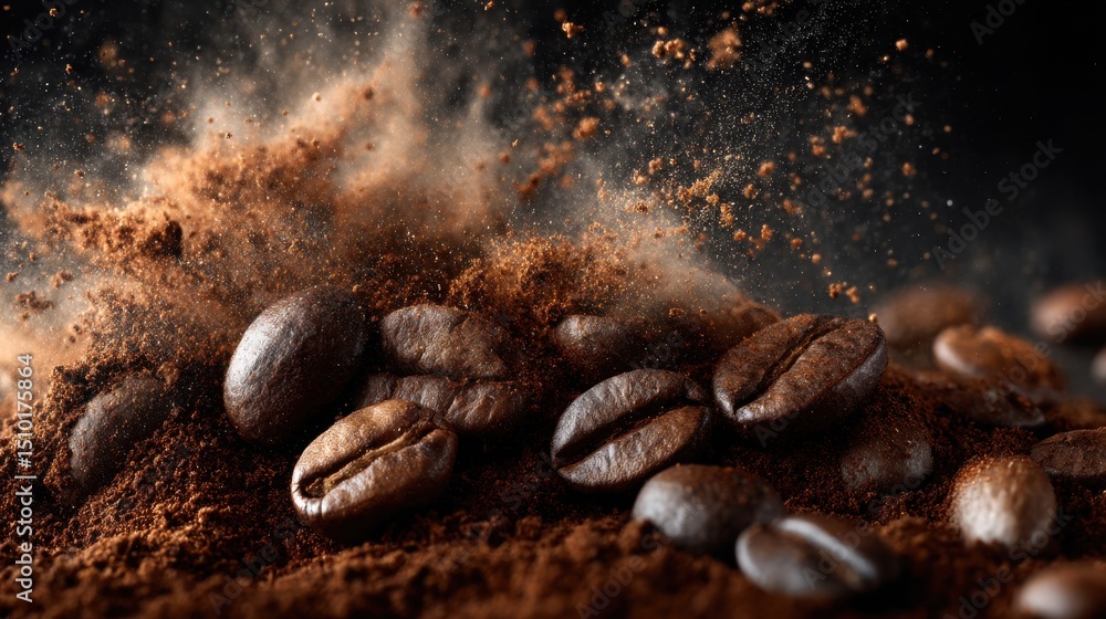 A 4K photo of coffee Beans and Grounds Explosion. A 4K photo of coffee Beans and Grounds Explosion.