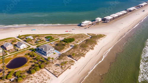 aerial high above folly beach sc, south carolina