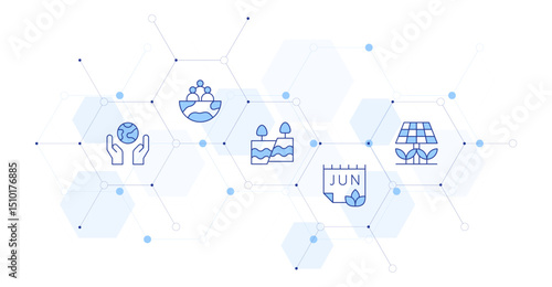 Environment Banner Vector Illustration with Icon Style in Between. Line Duotone icon. Containing. protect, community, tectonic plates, world environment day, solar panel