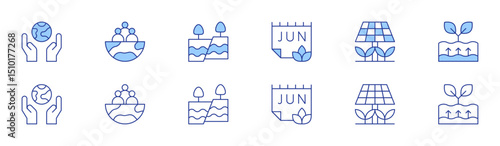 Environment icon set in two styles, Duotone and Thin Line style. Editable stroke. protect, world environment day, community, solar panel, tectonic plates, geothermal energy