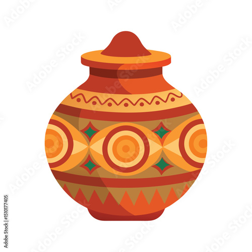Colorful decorated terracotta pot with lid and geometric patterns in vibrant shades of orange and yellow