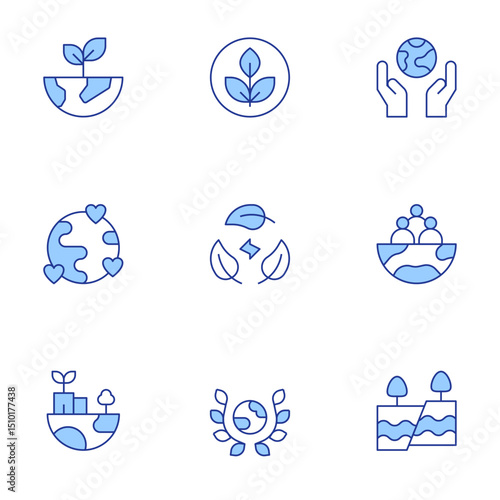 Environment icons set. Line Duotone style, editable stroke. plant, non toxic, protect, love, sustainability, community, sustainable, tectonic plates, earth