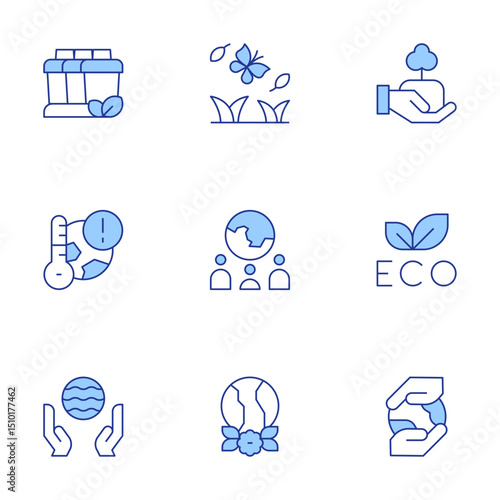 Environment icons set. Line Duotone style, editable stroke. recycling container, environment, protect, global warming, social science, eco friendly, world oceans day, worldwide, planet earth