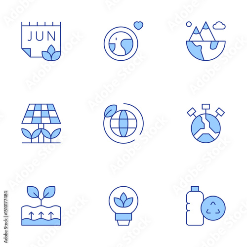 Environment icons set. Line Duotone style, editable stroke. world environment day, solar panel, geothermal energy, environment, ecology, recyclable, earth day