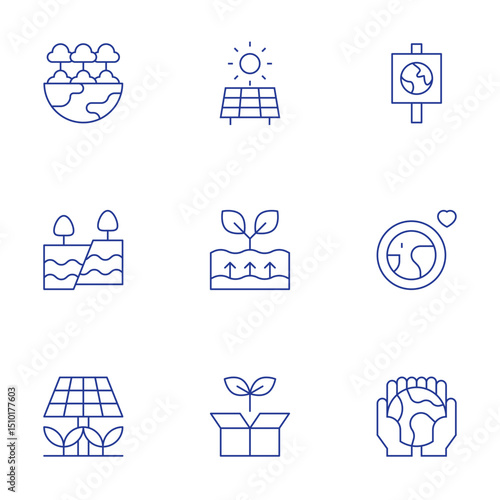 Environment icons set. Thin Line style, editable stroke. forest, solar panel, tectonic plates, geothermal energy, sustainable, environment, planet earth