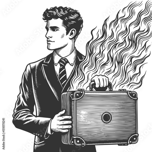 businessman holding a flaming briefcase, symbolizing financial crisis, risk, or destructive decisions in business sketch engraving generative ai vector illustration. Scratch board. Black and white.