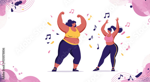 Two joyful plus-size women dancing together at a fitness class  