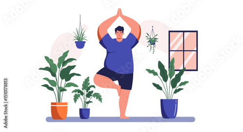 Man practicing yoga indoors surrounded by plants and natural light - Concept of fat people do sports  