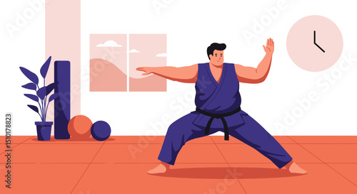 Man practicing martial arts in home environment illustrating active lifestyle concept of fat people do sports  