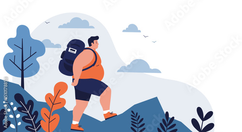 Chubby man hiking with backpack on rocky mountain trail outdoors - Concept of fat people do sports  