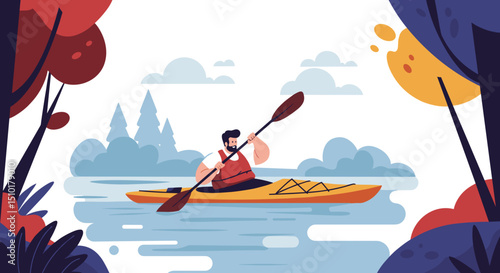 Man kayaking peacefully in a river surrounded by colorful trees - Concept of fat people do sports  