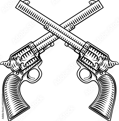 Crossed western cowboy gun pistol revolvers illustration in a vintage woodcut style