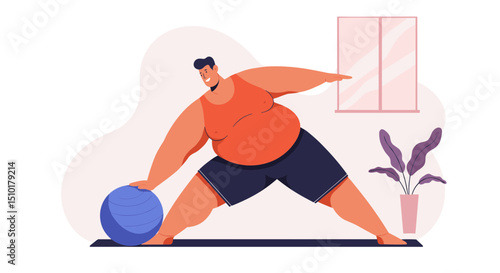 Man exercising with a stability ball at home, concept of fat people do sports  