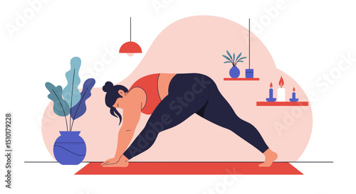 Woman practicing yoga in home interior with plants and candles - Concept of fat people doing sports  