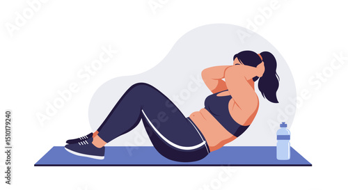 Woman doing crunches on exercise mat in a fitness setting - Concept of fat people do sports  