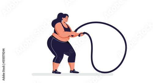 Plus-size woman exercising with battle rope for fitness training  