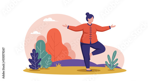 Woman practicing yoga poses outdoors in serene landscape setting  