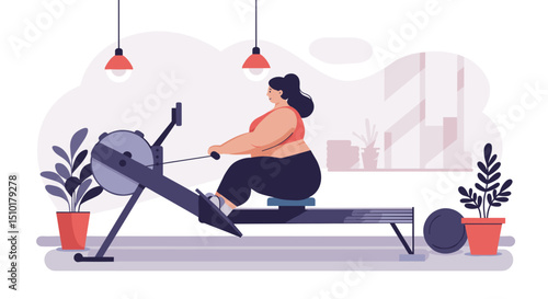 Woman exercising on rowing machine in modern gym interior - Concept of fat people do sports  