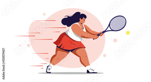 Fat woman playing tennis with determination against a colorful backdrop  