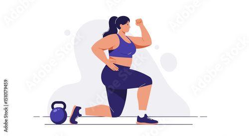 Plus-size woman exercising with kettlebell while lunging during workout