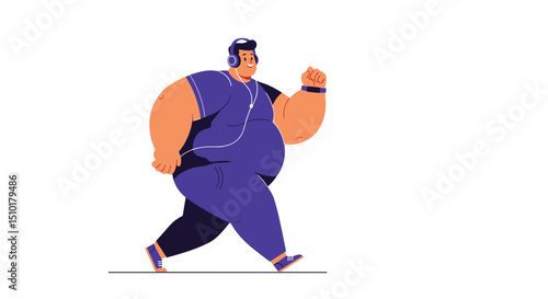 Overweight man jogging while wearing headphones in a minimalist style  