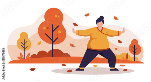 Chubby woman practicing Tai Chi outdoors in autumn scenery  