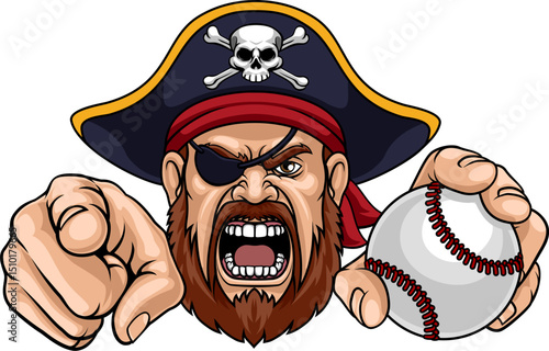 A Pirate man holding Baseball ball and pointing sports team cartoon charcater mascot illustration.