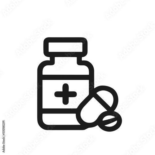 Simple Outline Medical Pill Bottle with Capsule Drug Illustration Icon