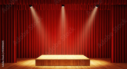 Empty stage with red curtains and spotlights symbolizing performance opportunity and showmanship