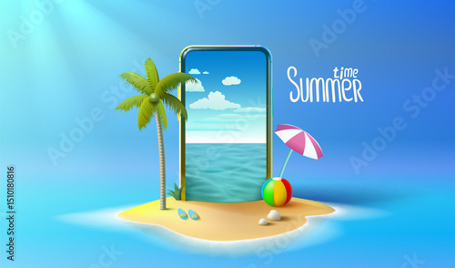 Summer time banner phone, season party bar app, tropical fruity. Vector illustration
