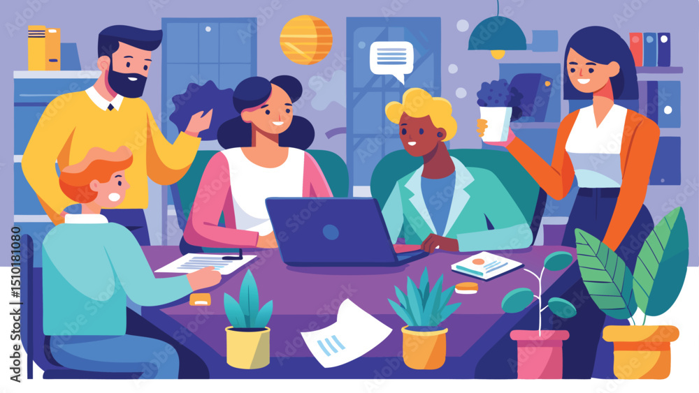 Illustrated Business Team Meeting Around Table With Laptop and Plants in Office Illustrated Business Team Meeting Around Table With Laptop and Plants in Office