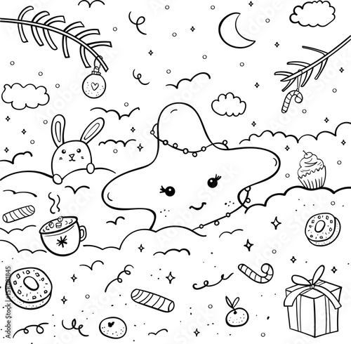 Cute kawaii star with bunny in snowy Christmas forest - winter doodle coloring page, vector outline illustration