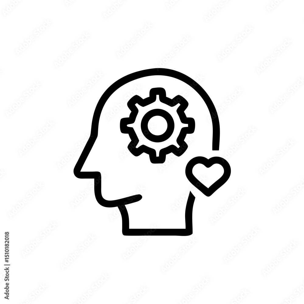 Abstract illustration of human head with gear and heart symbols Abstract illustration of human head with gear and heart symbols
