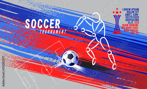 Vector illustration of a soccer tournament poster with abstract red and blue grunge brush strokes.