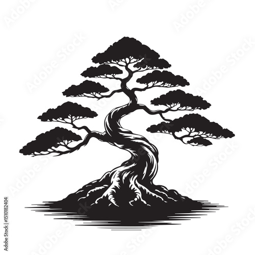 Bonsai Tree Silhouette Vector – Japanese Zen Plant Clipart for Design & Decoration