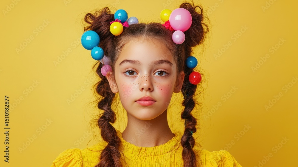 Girl with long bubble ponytail and colorful hairbands Girl with long bubble ponytail and colorful hairbands