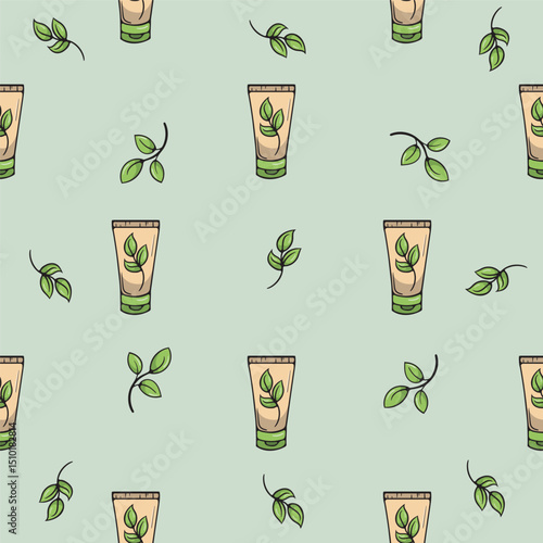 Cosmetic cream. Body, face and hand care. Vector seamless pattern. Bright illustration for background, print, wrapping paper. Repeating pattern on green background