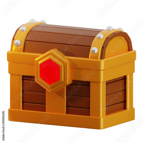 Bright cartoon treasure chest with wooden planks, yellow accents, and a red lock, ideal for gaming or adventure themes.