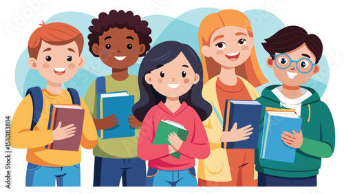 Diverse Group of Smiling Students Holding Books and Wearing Backpacks Illustration