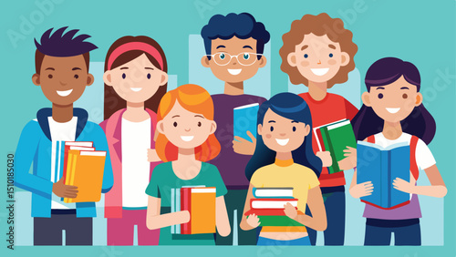 Diverse Group of Students Holding Books, Cartoon Illustration Style on Light Blue Background