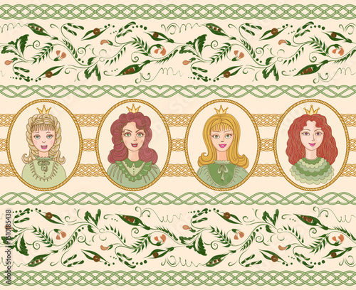 Vector border seamless pattern of fairy tale princess portraits and green pea garlands on a beige background
