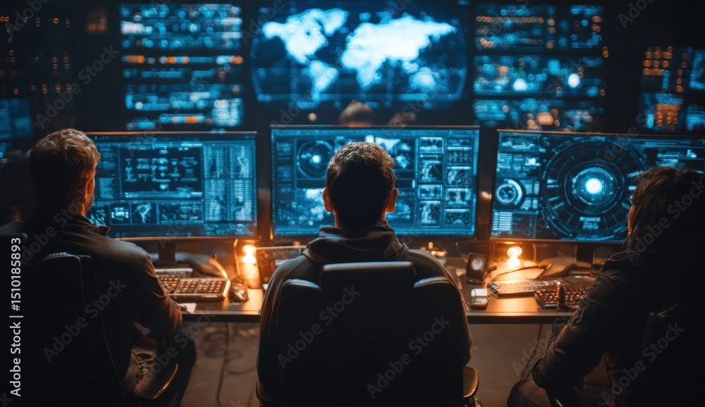 Three people monitor global data and maps on multiple large screens in a high-tech control room. Three people monitor global data and maps on multiple large screens in a high-tech control room.