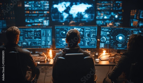 Three people monitor global data and maps on multiple large screens in a high-tech control room.
