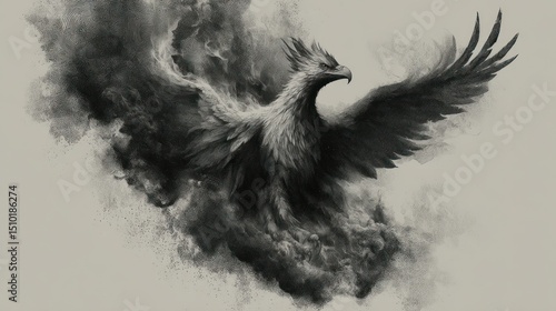 Monochromatic phoenix rising from the ashes in charcoal art style rendering