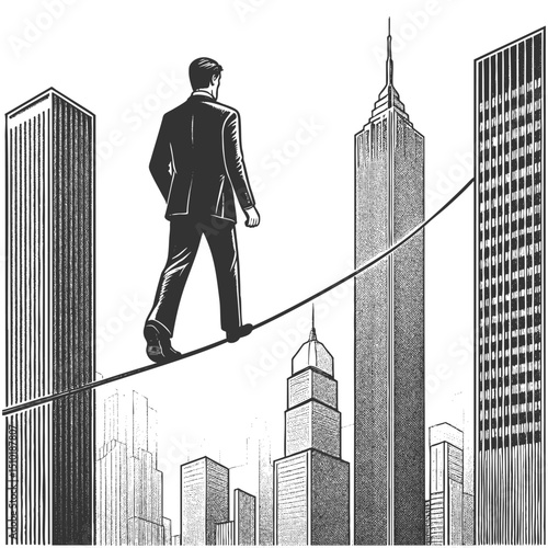 businessman balancing on a tightrope high above a city skyline, symbolizing risk, focus, and career pressure sketch engraving generative ai vector illustration. Scratch board. Black and white image.